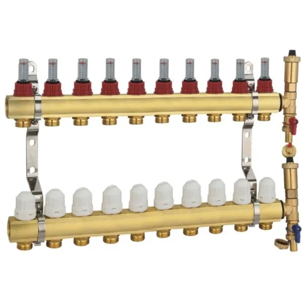 Heizkreisverteiler 10 Heizkreise Verteilerbalken Messing 10+10 gänzlich Rotameter Thermostatventil Hydroland ROZDZ.10H