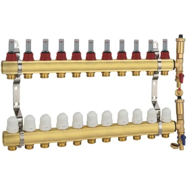 Heizkreisverteiler 11 Heizkreise Verteilerbalken Messing 11+11 gänzlich Rotameter Thermostatventil Hydroland ROZDZ.11H