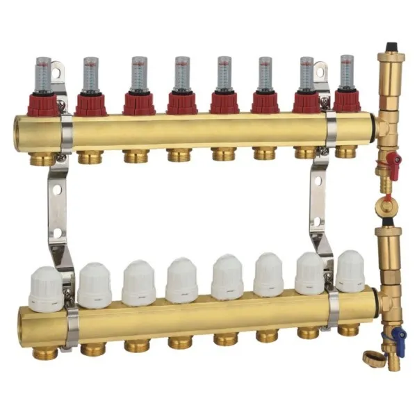 Heizkreisverteiler 8 Heizkreise Verteilerbalken Messing 8+8 gänzlich Rotameter Thermostatventil Hydroland ROZDZ.08H