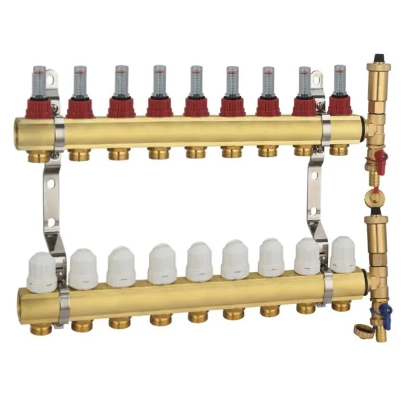 Heizkreisverteiler 9 Heizkreise Verteilerbalken Messing 9+9 gänzlich Rotameter Thermostatventil Hydroland ROZDZ.09H