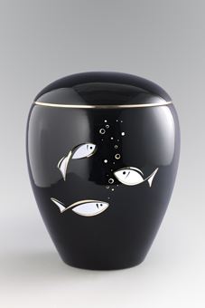 Keramikurne-tiefschwarz glänzend Motiv “Fische”