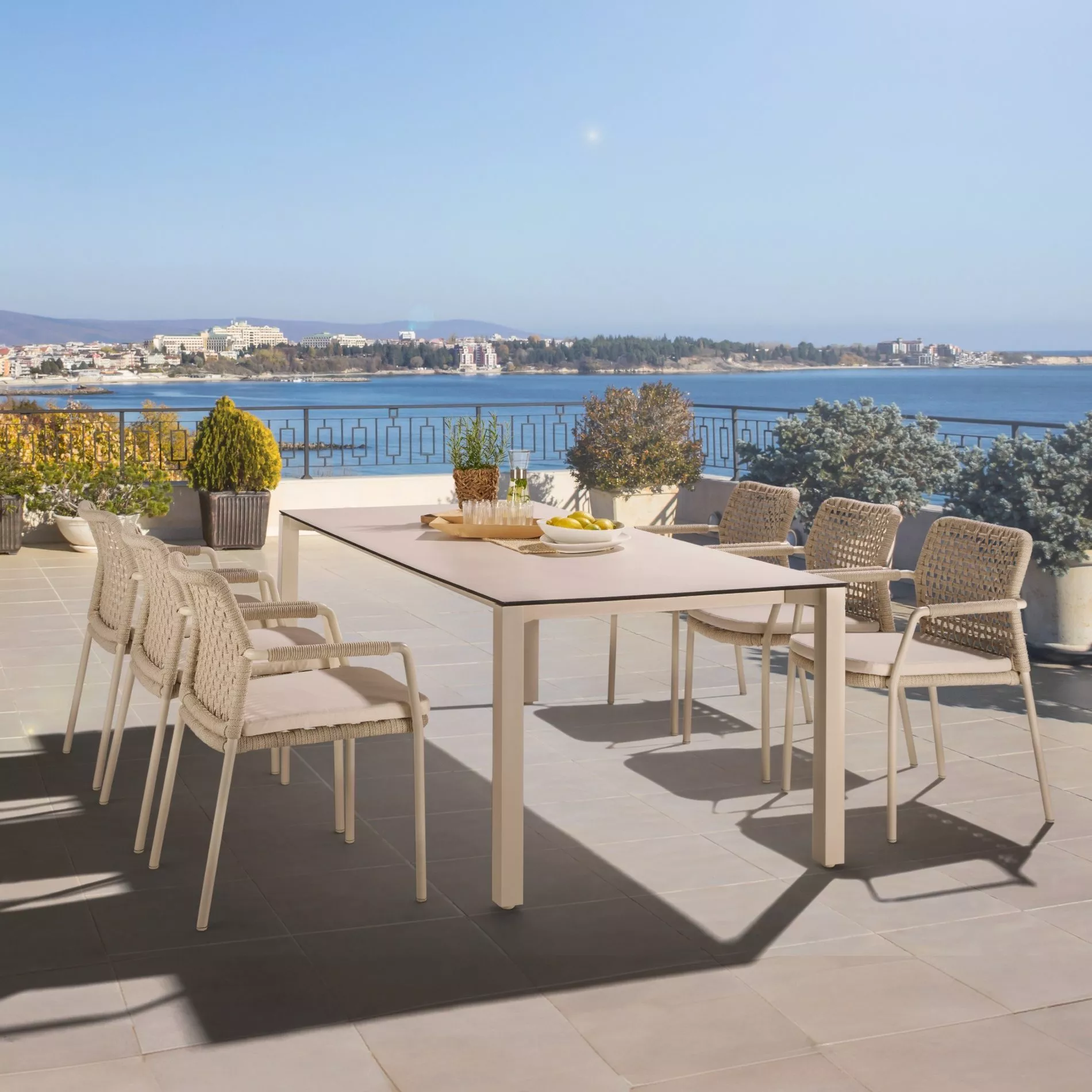 CASA DOMA Campana/Fasano Gartenmöbel-Set mit Tisch HPL 210×100 cm und Rope-Stapelstuhl, 7-teilig